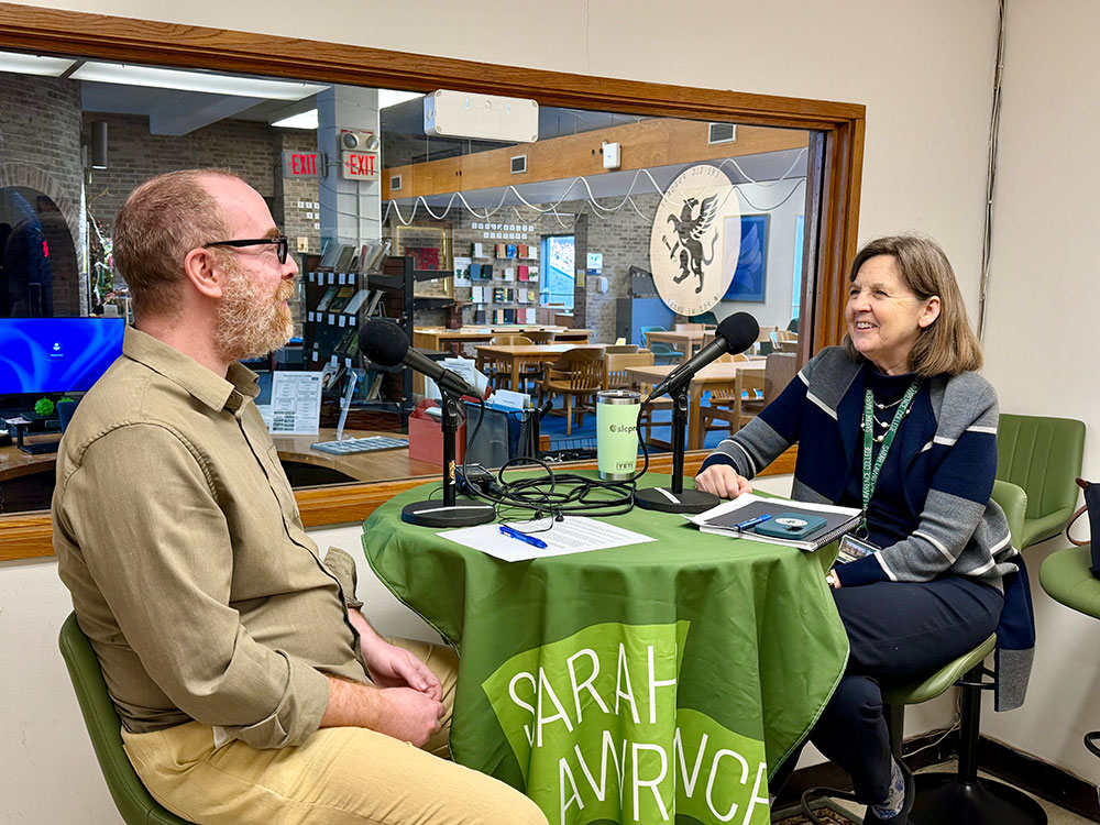 Tim Kail and Cristle Collins Judd speaking at microphones