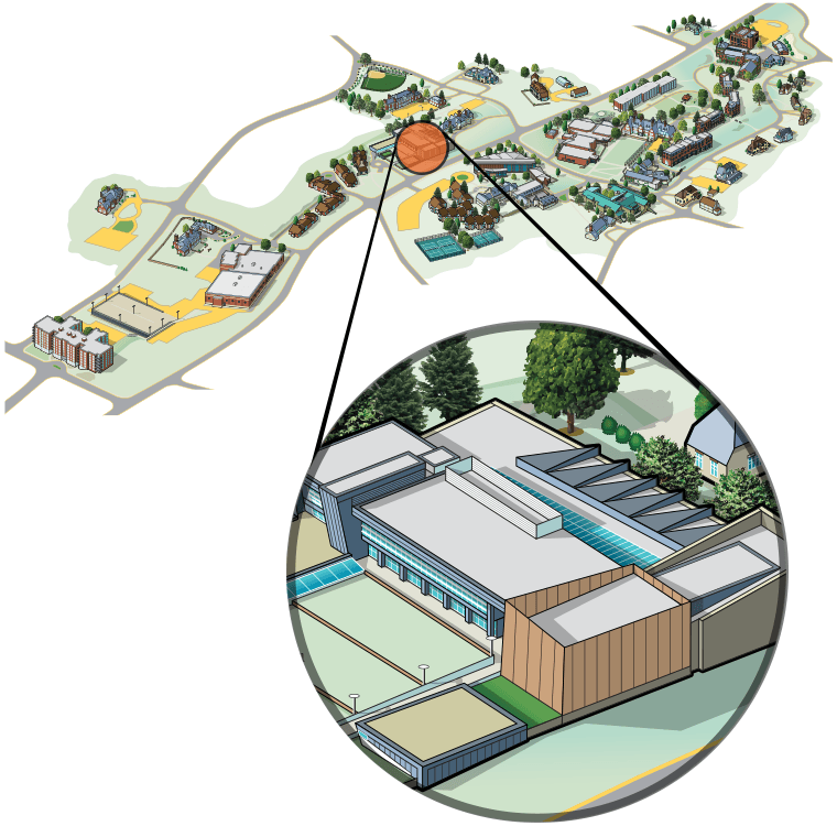 Illustrated aerial view of campus highlighting the Visual Arts Center