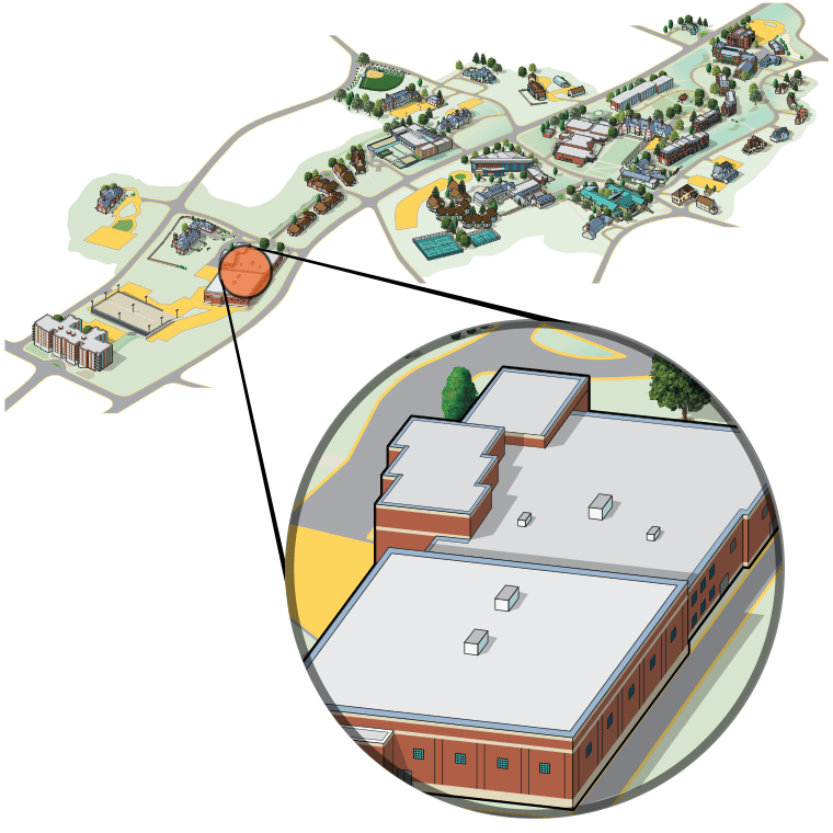 Illustrated aerial view of campus highlighting the Sports Center