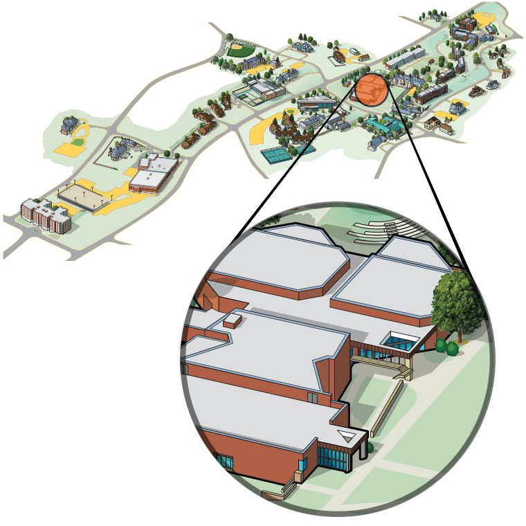 Illustrated aerial view of campus highlighting the Performing Arts Center