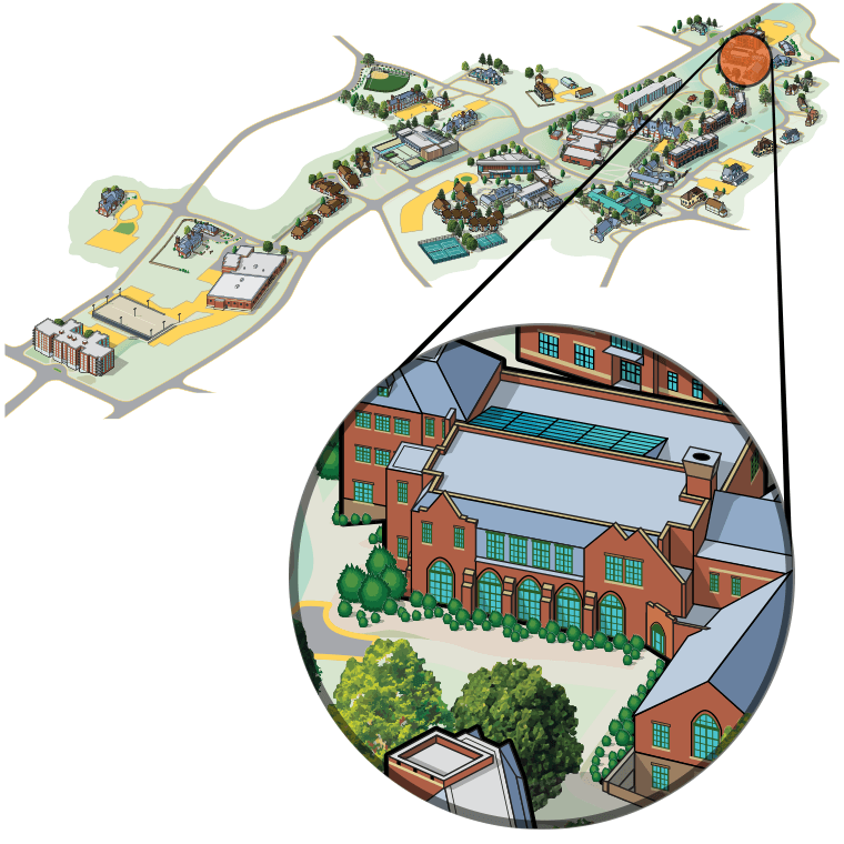 Illustrated aerial view of campus highlighting Bates