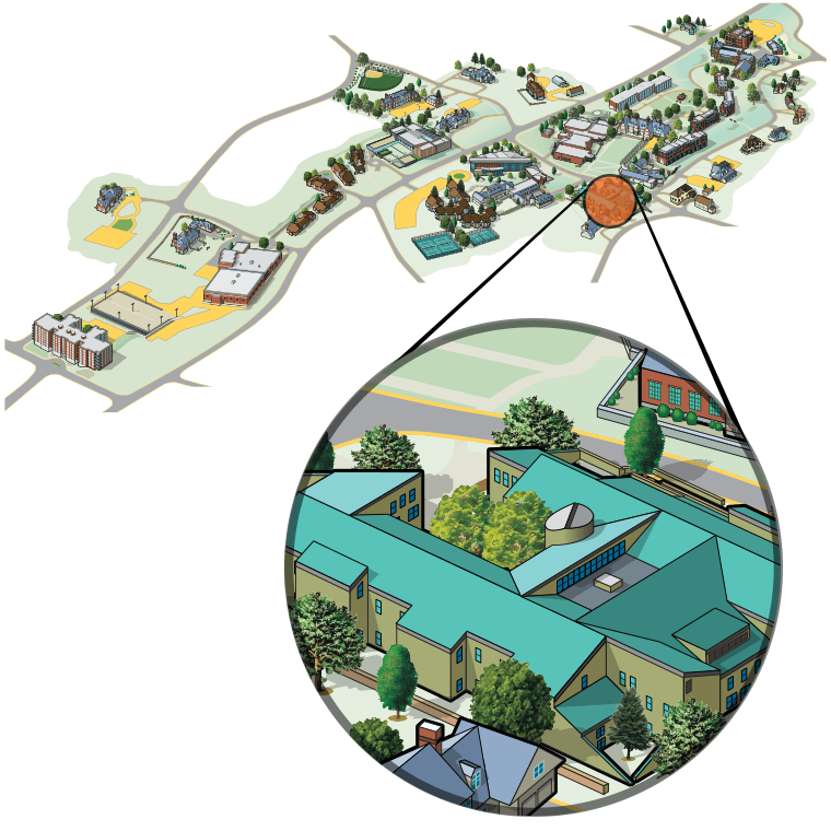 Illustrated aerial view of campus highlighting the Library