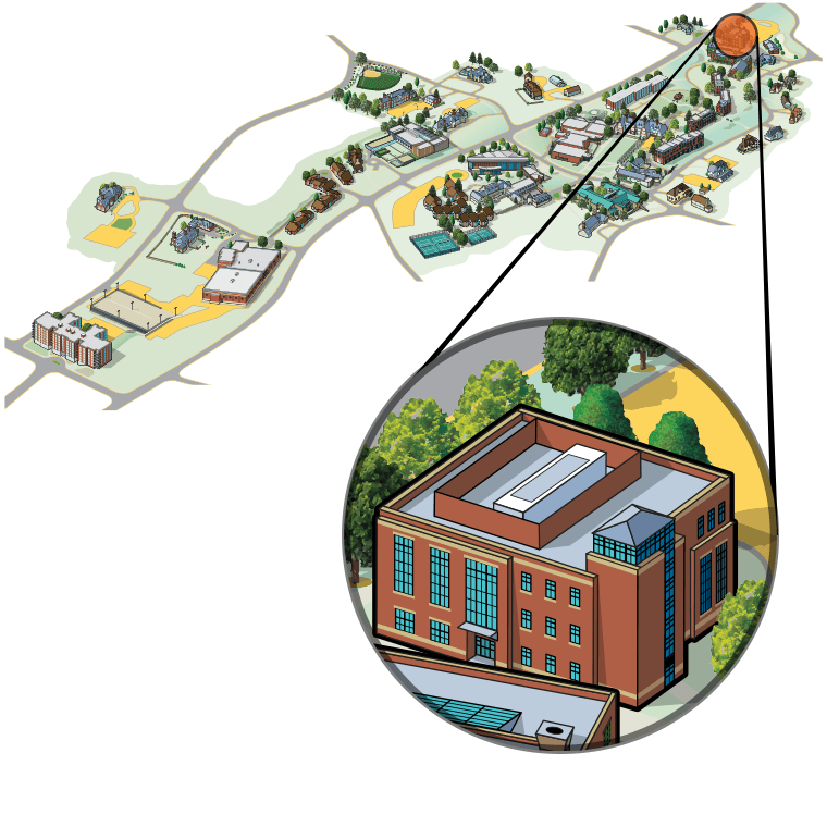 Illustrated aerial view of campus with Science Center highlighted