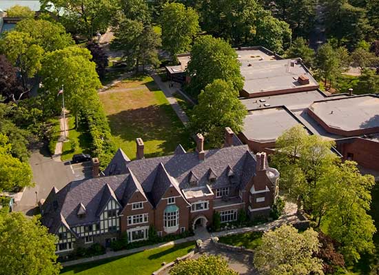 arial view of campus with trees
