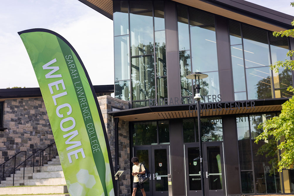 Welcome banner in front of the Barbara Walters Campus Center