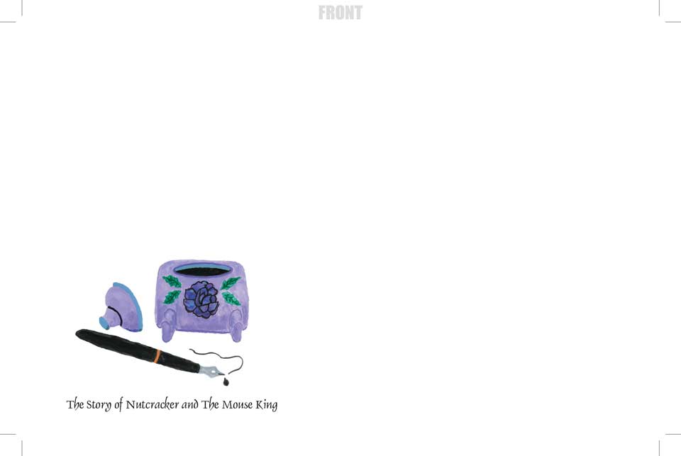 Illustration of a purple chest with a flower design, a hat, and a black cane with a white tip. Text: "The Story of Nutcracker and The Mouse King."