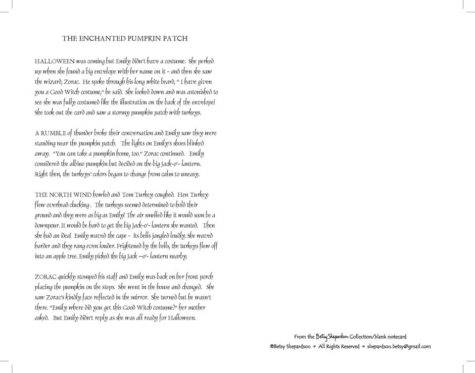 Text depicts a story titled "The Enchanted Pumpkin Patch" about preparing for Halloween involving a magical costume and a pumpkin patch adventure.