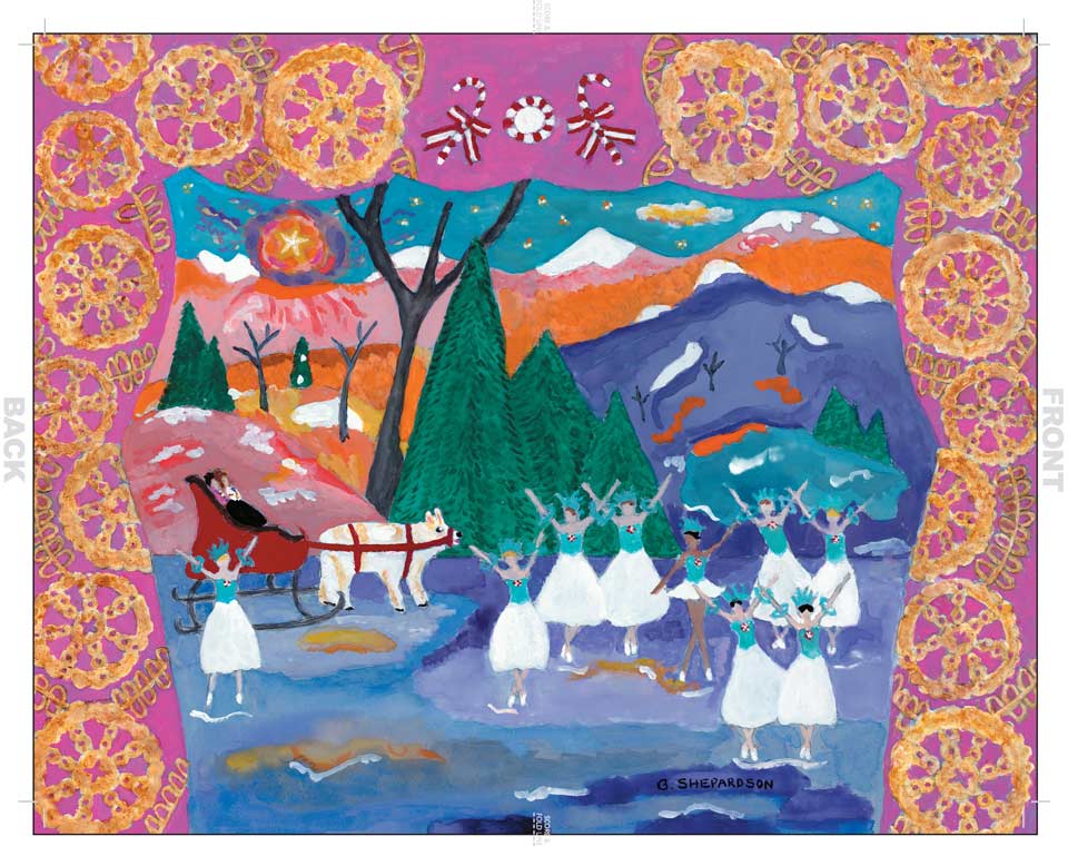 Colorful painting shows a group dancing in white outfits by trees and mountains, with a sled pulled by a horse in a vibrant scenic backdrop.