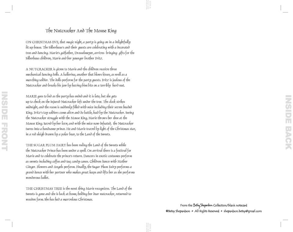 Notecard featuring a story titled "The Nutcracker And The Mouse King," with text detailing a Christmas-themed tale involving a nutcracker.