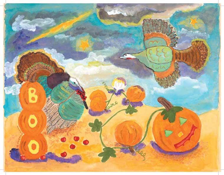 Colorful turkeys, pumpkins, and jack-o'-lantern with "BOO" against a vibrant sky with stars and clouds. Balloon-like object floats above.