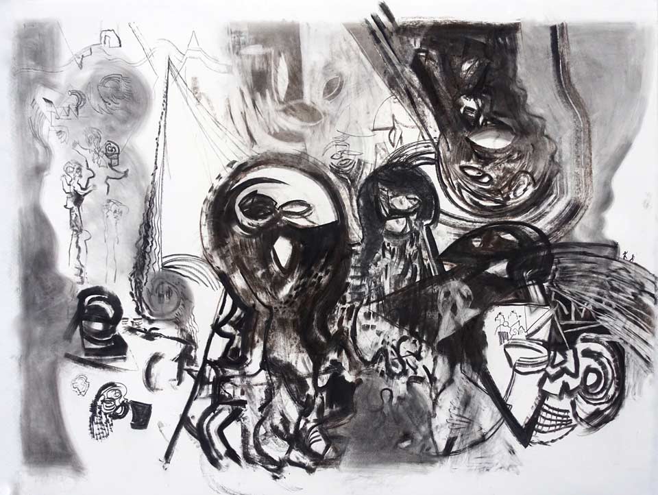 Abstract black and white drawing with swirling shapes, faces, and figures, creating a chaotic and mysterious atmosphere.