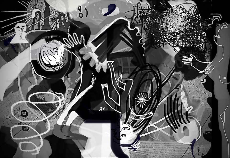 Abstract black and white artwork with swirling shapes, lines, and figures interwoven with patterns and textures.