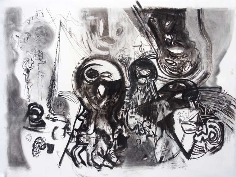 Abstract black and white drawing with swirling shapes, faces, and figures, creating a chaotic and mysterious atmosphere.