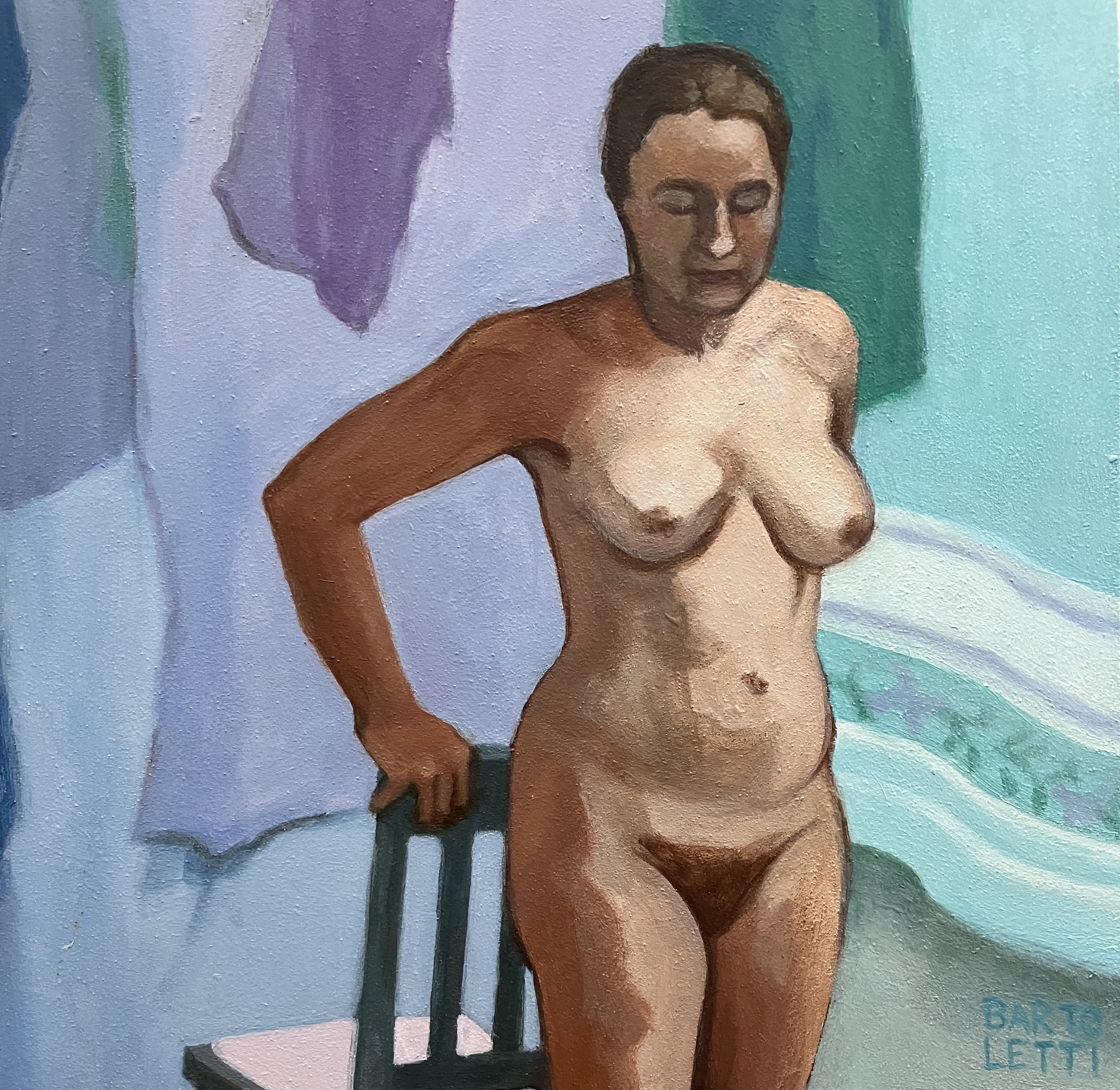 A nude figure stands beside a chair against a backdrop of soft, colorful fabric and abstract shapes.