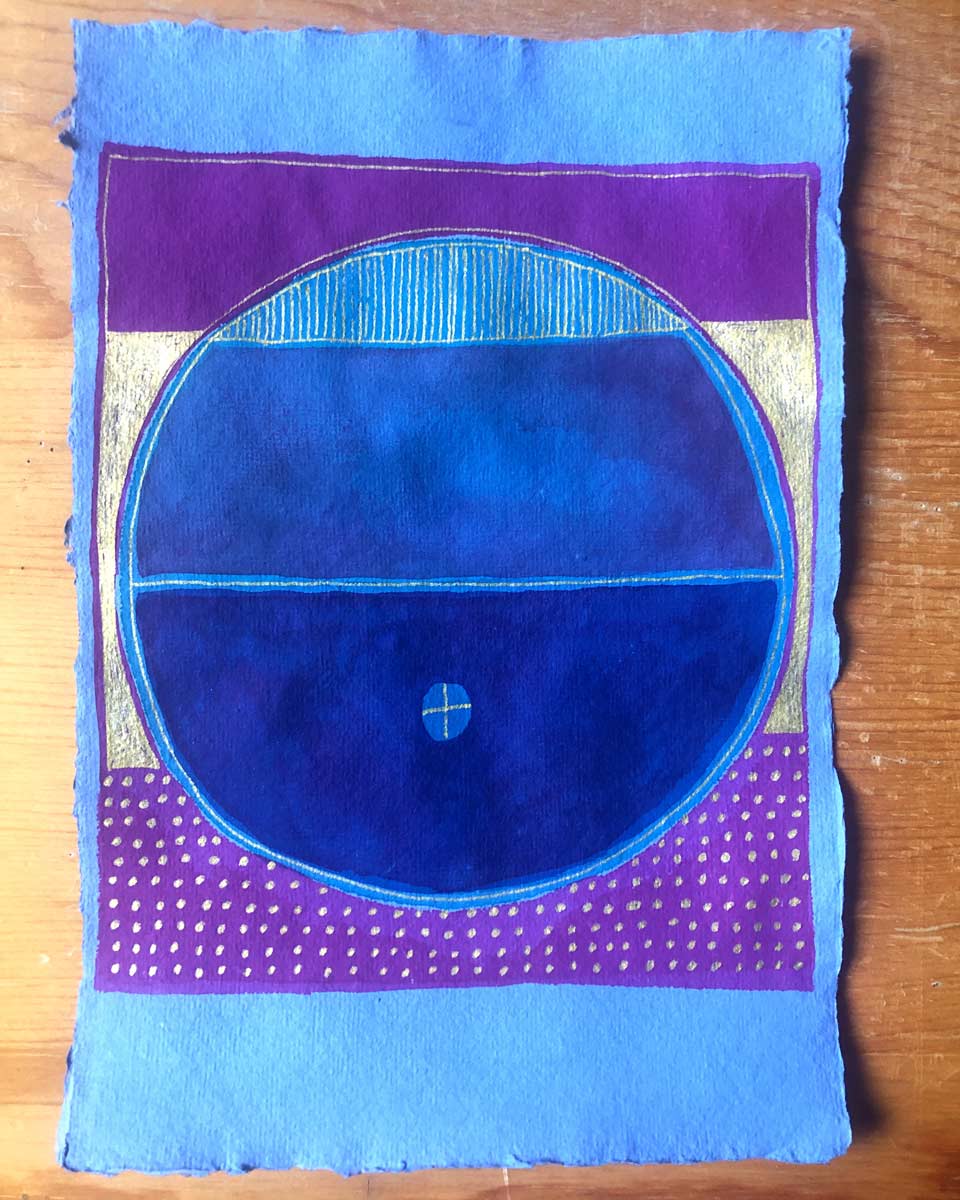 Abstract artwork with a blue circle divided horizontally, surrounded by purple, gold, and blue sections on textured paper. Small central cross detail.