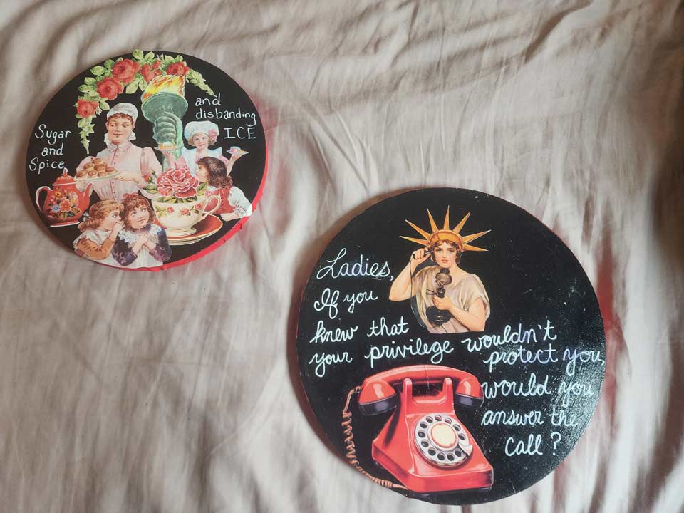 Two circular artworks with vintage imagery and messages about privilege and disbanding ICE, featuring flowers and a red rotary phone.