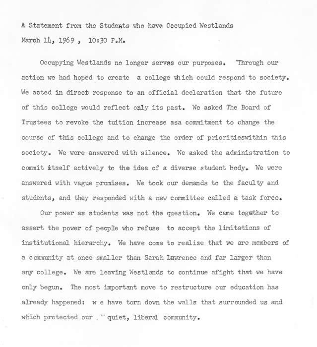  A Statement from the Students who have Occupied Westlands, March 14, 1969. (Sarah Lawrence College Archives) 