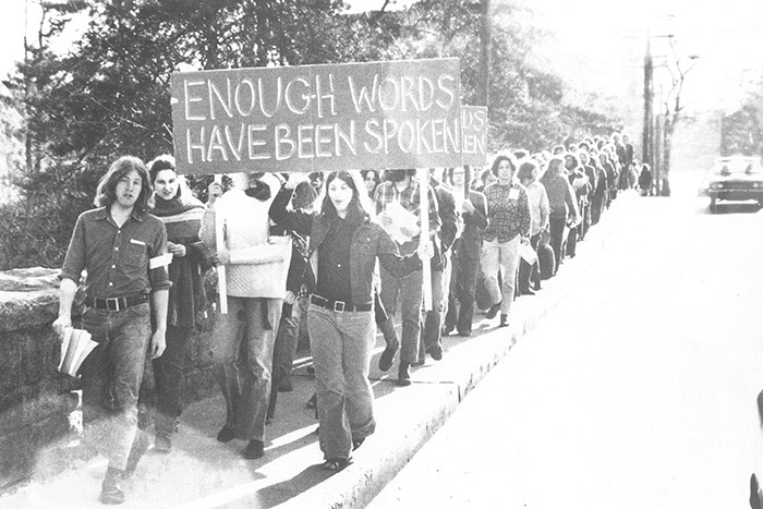  Students marching over Palmer Avenue Bridge during the Silent Peace Vigil, April 21, 1972. Photographer Unknown. (Sarah Lawrence College Archives) 