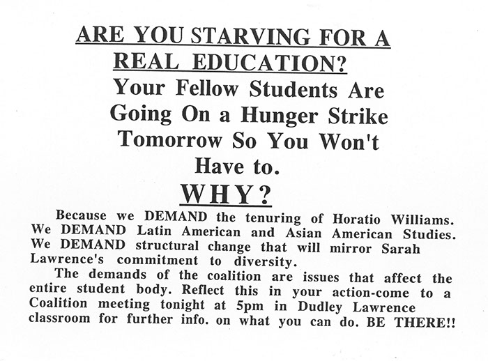  Hunger Strike Announcement, May 1994. (Sarah Lawrence College Archives)   