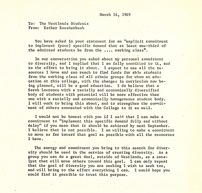  Statement from the Administration in response to the demands from the occupants of Westlands, March 14, 1969. (Sarah Lawrence College Archives)