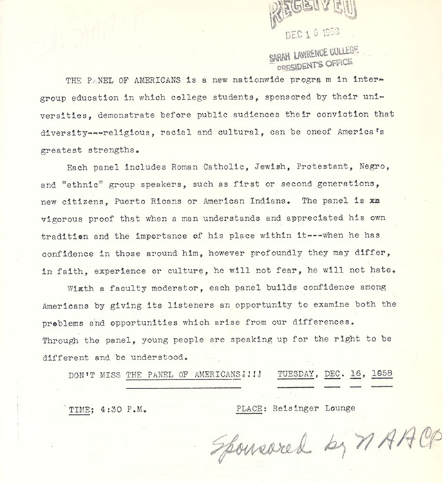 Correspondence announcing Panel of Americans, 1958. (Sarah Lawrence Archives)
