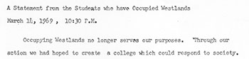 A Statement from the Students who have Occupied Westlands, March 14, 1969. (Sarah Lawrence College Archives)