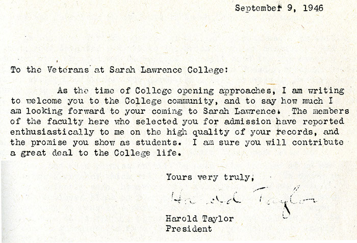  Harold Taylor Letter to Veterans.  September 9, 1946. (Sarah Lawrence College Archives)