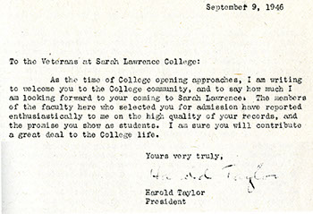 Harold Taylor Letter to Veterans. September 9, 1946. (Sarah Lawrence College Archives)