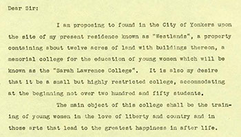 William Van Duzer Lawrence's "Letter of Instruction," 1926. (Sarah Lawrence College Archives)