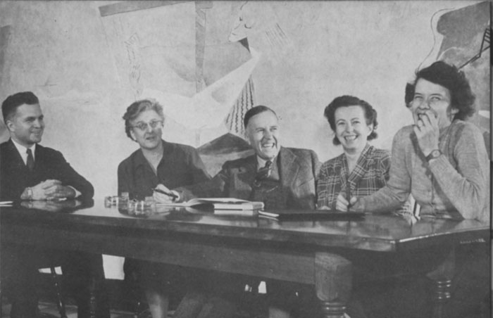  Faculty in the dining hall, 1943 Sarah Lawrence College Yearbook. Left to right: Ebbe Curtis Hoff, Madeline P. Grant, Henry K. Miller, Jr., Maria Goeppert Mayer, Mary Ann Allen. Copyright Sarah Lawrence College Archives.