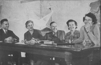 Faculty in the dining hall, 1943 Sarah Lawrence College Yearbook. Left to right: Ebbe Curtis Hoff, Madeline P. Grant, Henry K. Miller, Jr., Maria Goeppert Mayer, Mary Ann Allen. Copyright Sarah Lawrence College Archives.