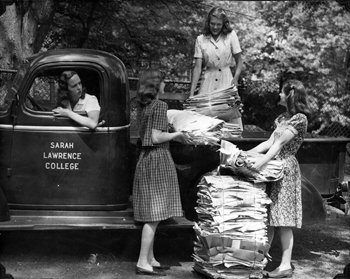 Students collecting recycled newspapers to support the war effort during World War II. Photographer unknown. Copyright Sarah Lawrence College Archives.