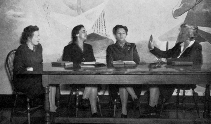  Group of faculty from the 1946 Sarah Lawrence College Yearbook. Left to right: Maria Goeppert Mayer, Esther Raushenbush, Genevieve Taggard, Madeleine P. Grant. Copyright Sarah Lawrence College Archives.