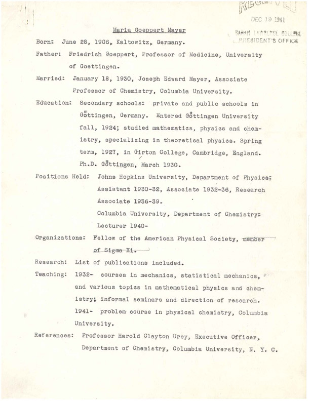  Maria Goeppert Mayer's Curriculum Vitae. Courtesy of the Sarah Lawrence College Archives.