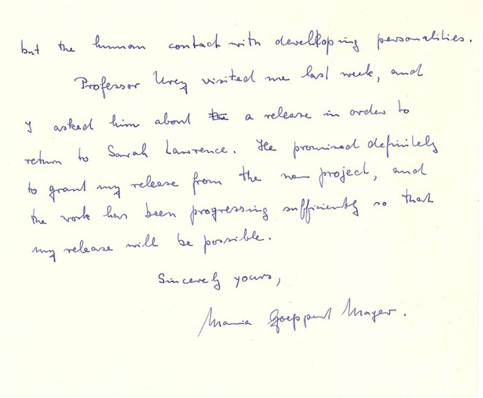  Maria Goeppert Mayer to Constance Warren, February 7, 1944, page 2. Courtesy of the Sarah Lawrence College Archives.