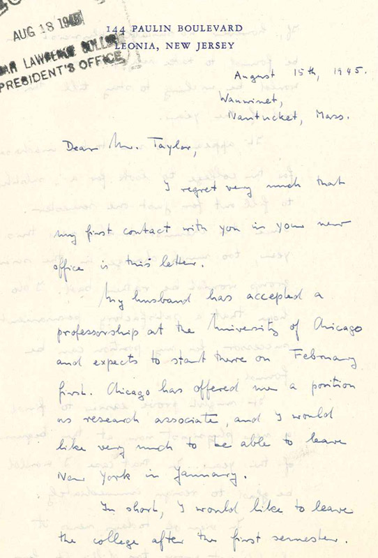  First page of Maria Goeppert Mayer's resignation letter to Harold Taylor, August 15, 1945. Courtesy of the Sarah Lawrence College Archives.