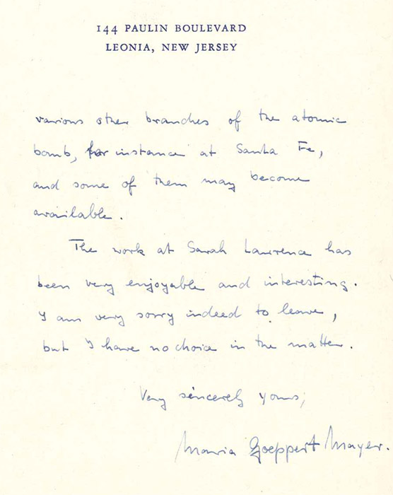  Last page of Maria Goeppert Mayer's resignation letter to Harold Taylor, August 15, 1945. Courtesy of the Sarah Lawrence College Archives.