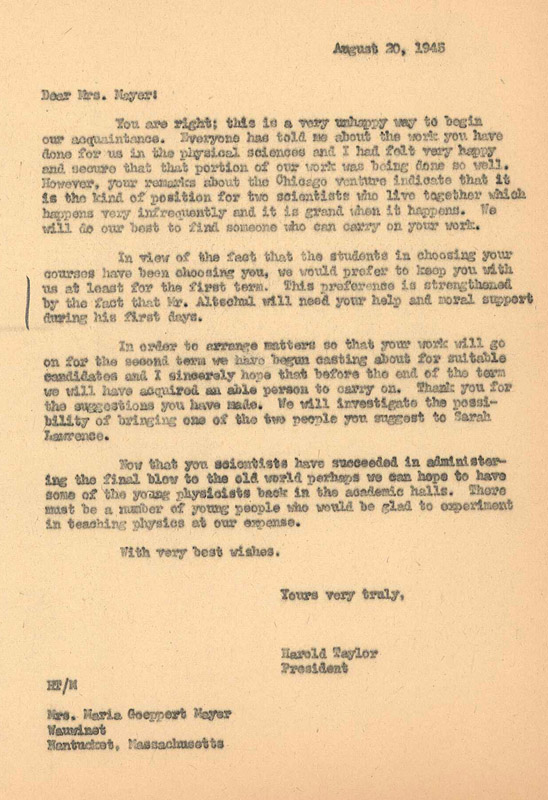  Harold Taylor to Maria Goeppert Mayer accepting her resignation, August 20, 1945. Courtesy of the Sarah Lawrence College Archives.