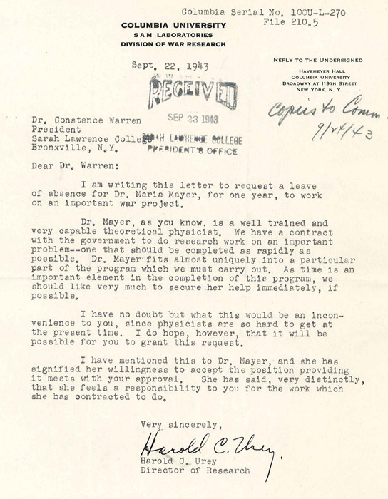  Harold C. Urey to Constance Warren, September 22, 1943. Courtesy of the Sarah Lawrence College Archives.