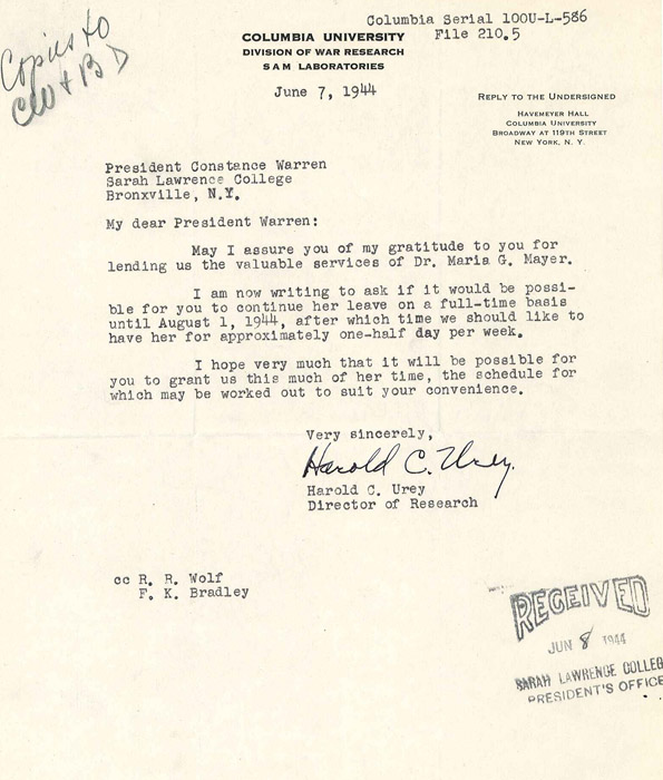 Harold C. Urey to Constance Warren, June 7, 1944. Courtesy of the Sarah Lawrence College Archives.