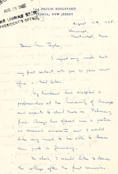 First page of Maria Goeppert Mayer's resignation letter to Harold Taylor, August 15, 1945. Courtesy of the Sarah Lawrence College Archives.