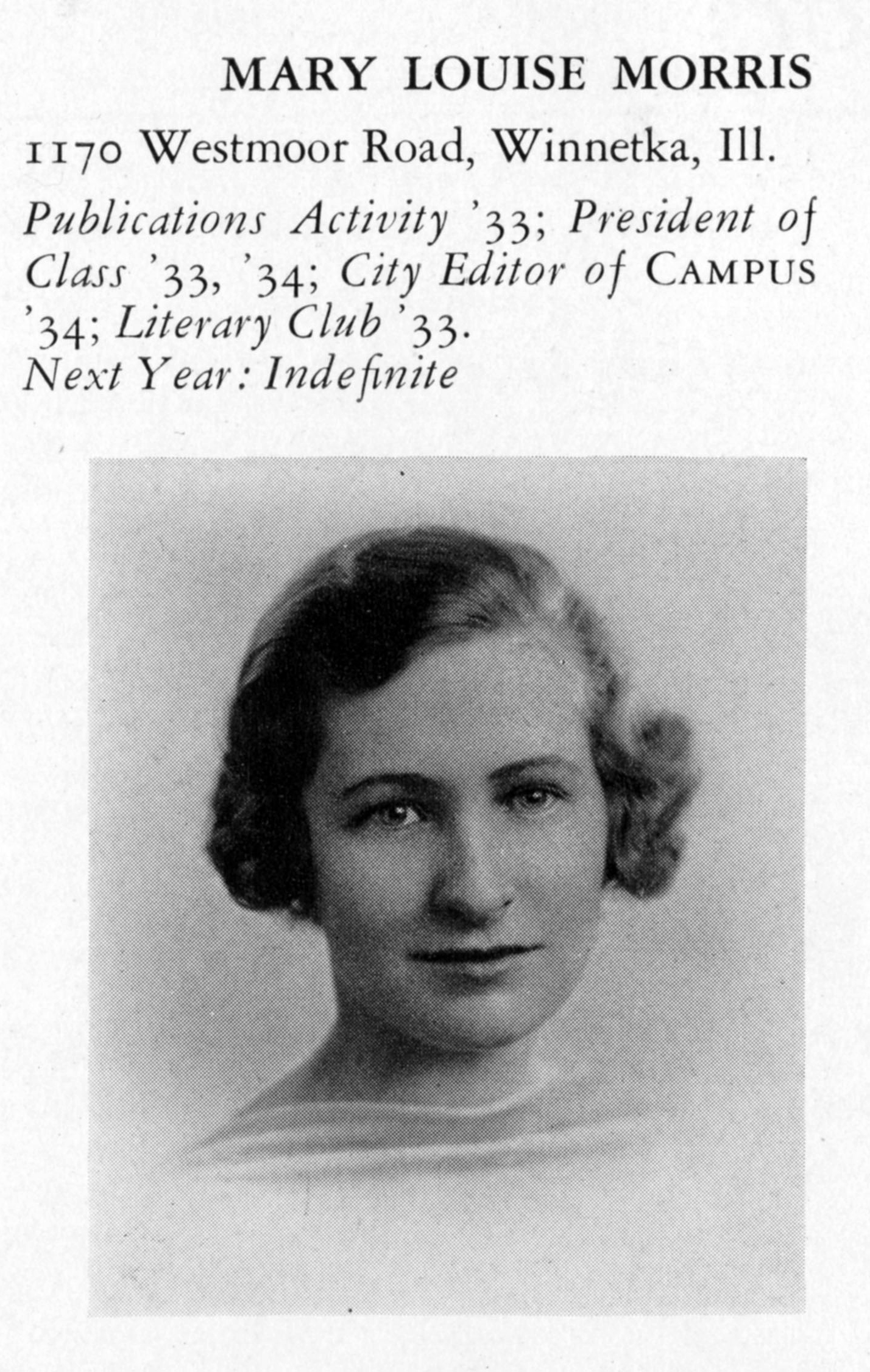  Mary Louise Morris 1934 Yearbook Photograph. Courtesy of the Sarah Lawrence College Archives.