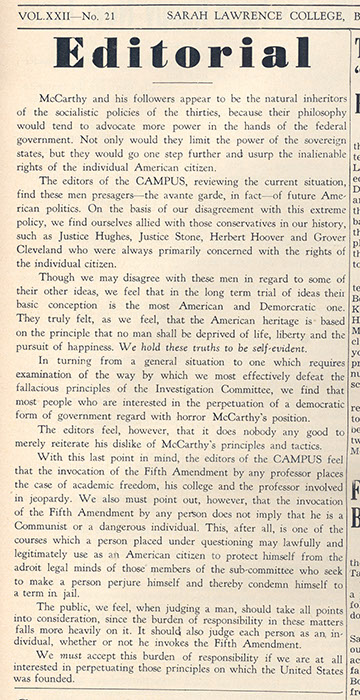  (The Campus, April 13, 1953, pg. 1, Sarah Lawrence Archives) 