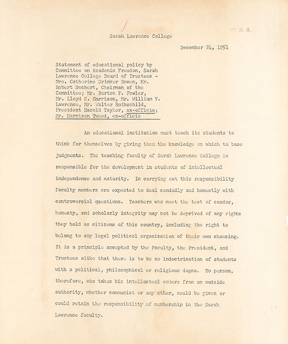  Trustee Committee on Academic Freedom, December 24, 1951. (Sarah Lawrence Archives)