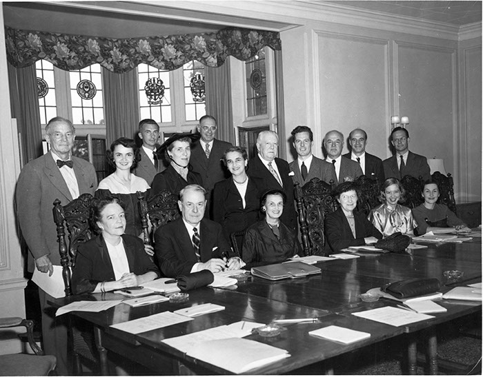  The Board of Trustees at the Annual Spring Meeting, May 21, 1951. Standing (left to right): Harrison Tweed, Anne Hobler, William V. Lawrence II, Catherine Drinker Bowen, Walter Rothschild, Esther Raushenbush, Charles Sperry Andrews, Harold Taylor, Charles P. Curtis, Jr., Lloyd Garrison, Francis Keppel. Seated (left to right): Helen Merrell Lynd, Burton P. Fowler, Peggy Thayer Talbott, Mary B. Ladd, Barbara Smith Abramson, Faith Ziesing. 