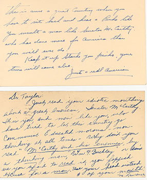 Two examples of "hate mail" received by President Taylor and the College, 1954. (Harold Taylor Papers)