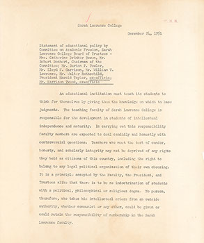 Trustee Committee on Academic Freedom, December 24, 1951. (Sarah Lawrence Archives)