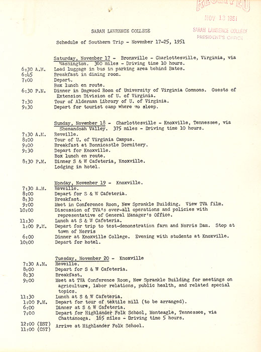  1951 Itinerary. 