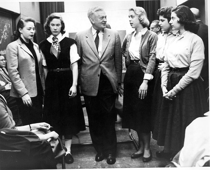  Students meet Dr. Raymond R. Paty (Director of Tennessee Valley Authority), 1955. (l-r): Jean Perkins, '58, Beryl Forbes, '58, Ray Paty, Mary Elizabeth Sellers '58, Jacqueline Cashman '58, and Cynthia Robinson '58. 