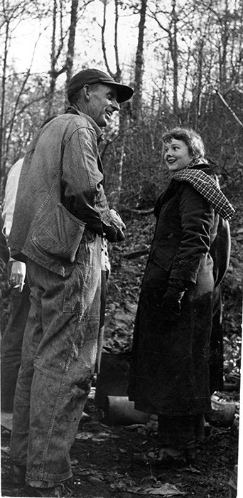  Judy Thompson '54 (right) with a coal miner in Tennessee, 1951, photographer unknown.